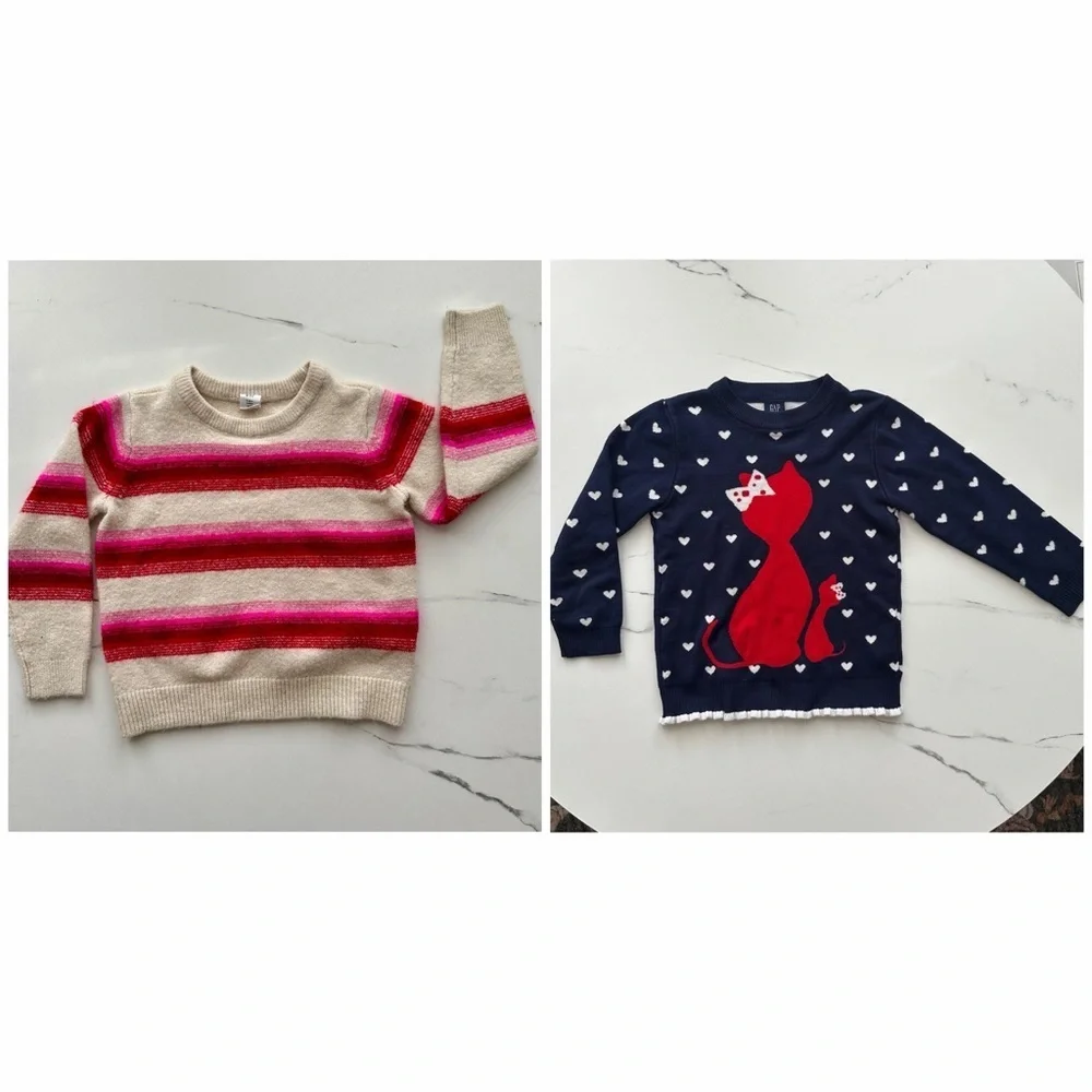 Baby Gap Toddler Girl Sweater Bundle 4T + 4-5 Pink Red Striped Cat